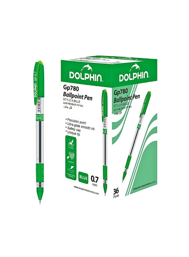 Dolphin GP780 Ballpoint Pens 0.7mm – Smooth Writing Green Ink Ball Pens, Comfortable Grip Office & School Pens, Pack of 36 - Image 1
